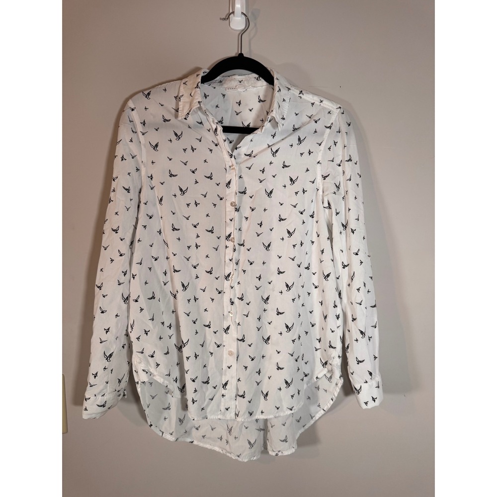 Jane + Delancey White Black Bird Print Rayon Button Front Shirt Blouse Medium